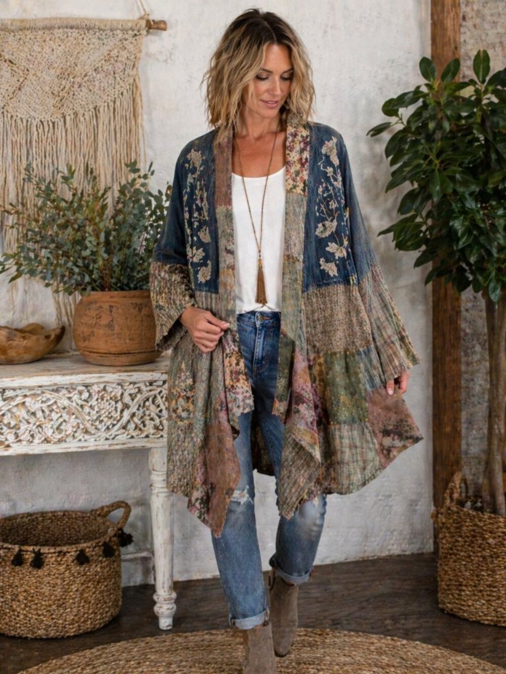 Young Threads Patchwork Denim Kimono Jacket Boho Embroidered Floral Duster
